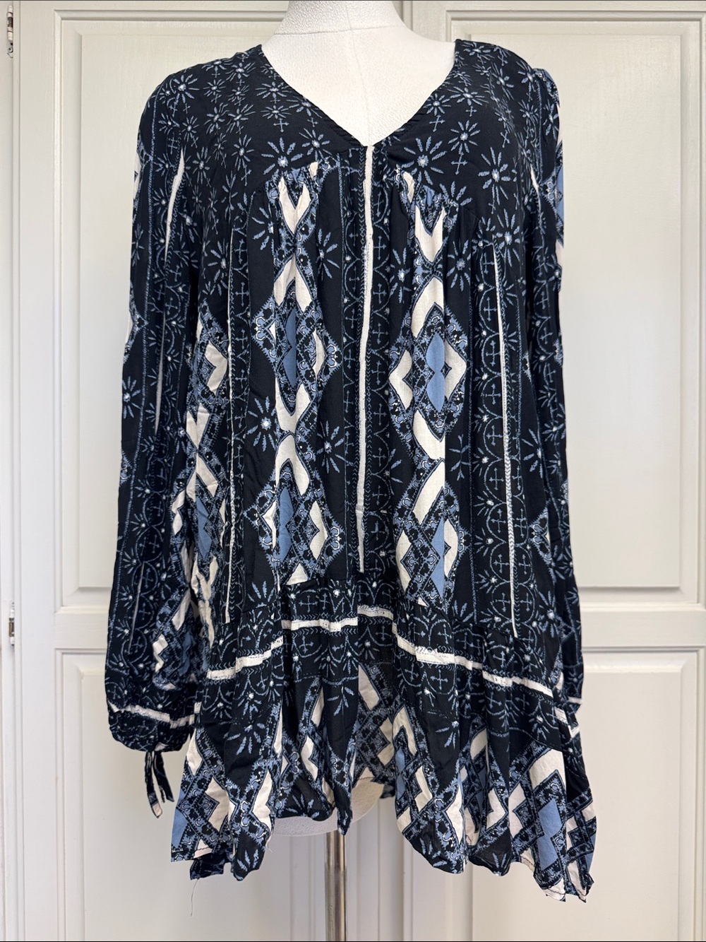 Free People Navy, White and Light Blue Printed Peasant Tunic